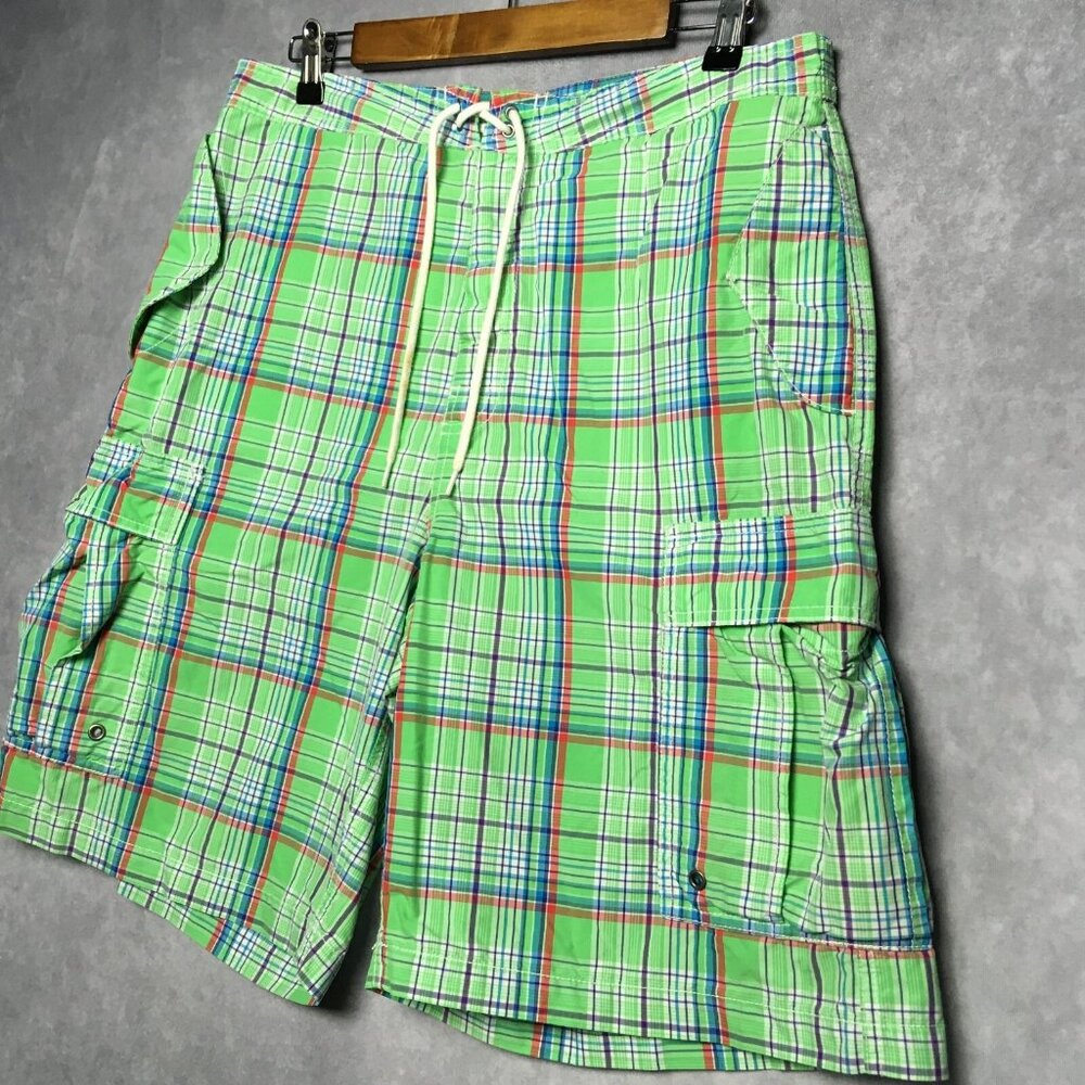 Polo RL Mens Plaid Swim Cargo Shorts size 34 Green Drawstring Cotton Nylon - Picture 5 of 16
